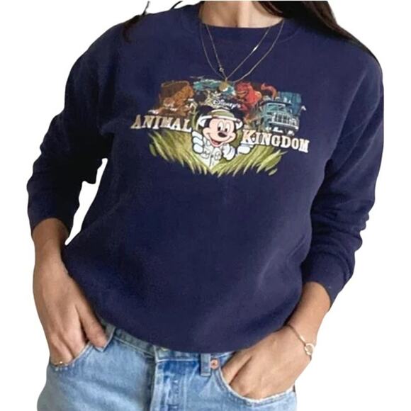Vintage Walt Disney World Animal Kingdom Sweatshirt Mickey Crew Neck Blue XS - Picture 1 of 6
